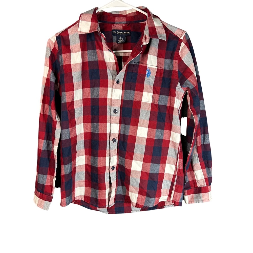 US Polo Assn Boys Red White Navy Blue Plaid Button Down Shirt Size L 10-12